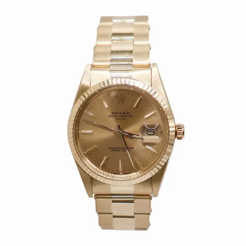Vintage! Rolex Oyster Perpetual Date Yellow Gold 34mm Champagne Stick Dial Watch Reference #15037