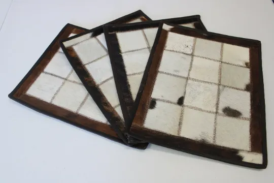 White & Brown Cowhide Placemats 15"x12"- Set of four mats