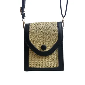 Women's Black & Beige Woven Straw Crossbody Shoulder Bag Sz S