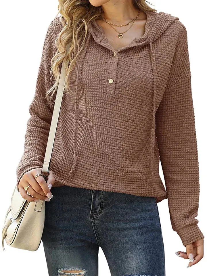 Women's Long-sleeved Button Down Waffle-Knit Hoodies