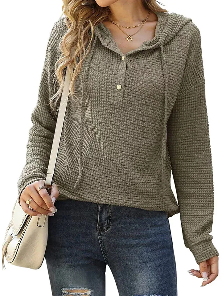 Women's Long-sleeved Button Down Waffle-Knit Hoodies