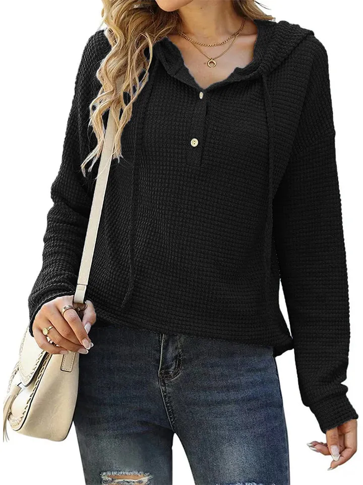 Women's Long-sleeved Button Down Waffle-Knit Hoodies