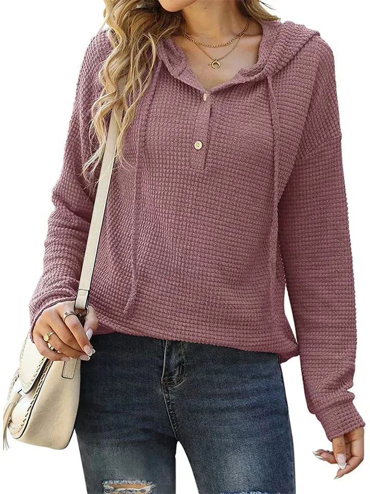Women's Long-sleeved Button Down Waffle-Knit Hoodies