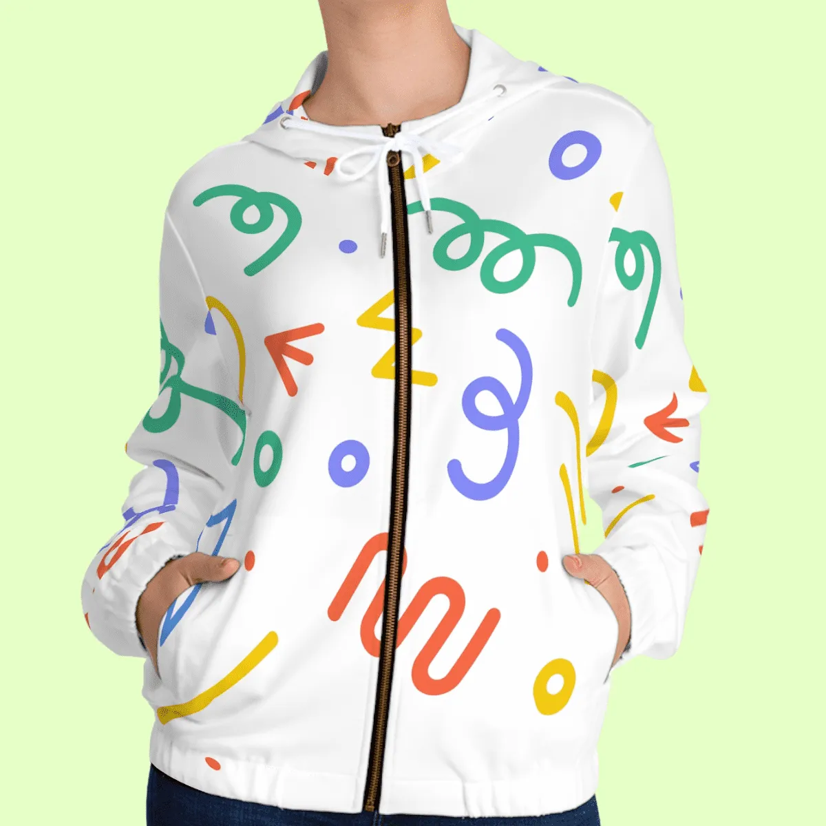 Women’s White Doodle Full Zip Hoodie