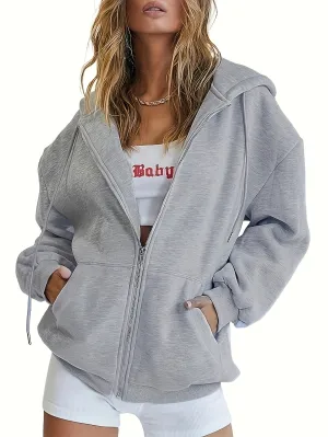 xieyinshe  Solid Color Zip Up Hoodies For Women, Long Sleeve Sports Sweatshirts Jacket With Pockets,Women's Sporty Sweatshirts