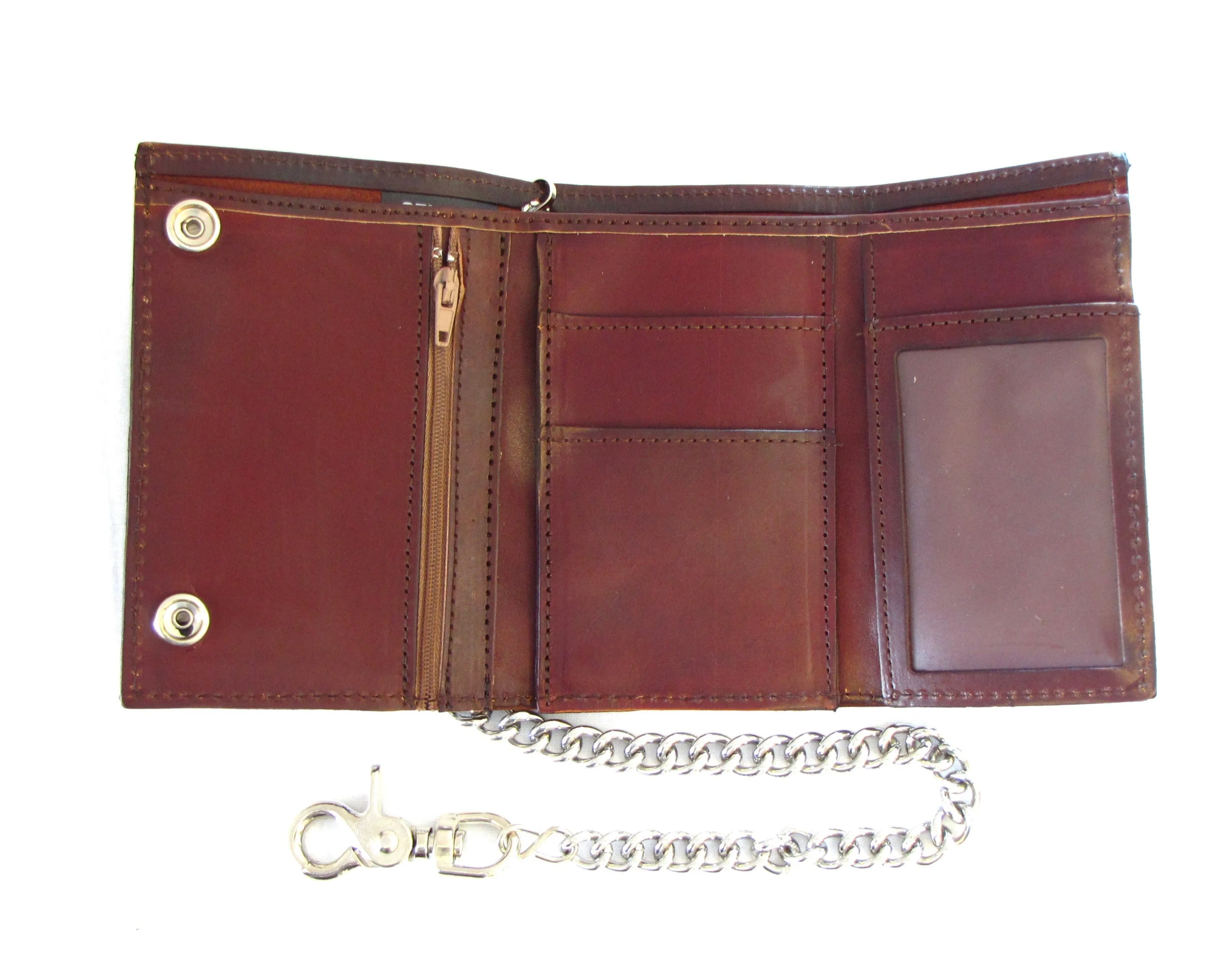 XL Antique Finish Tri-Fold Wallet w/ Chain
