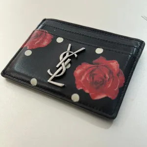 YSL Black LEather Card Holder with Roses and Polka Dots
