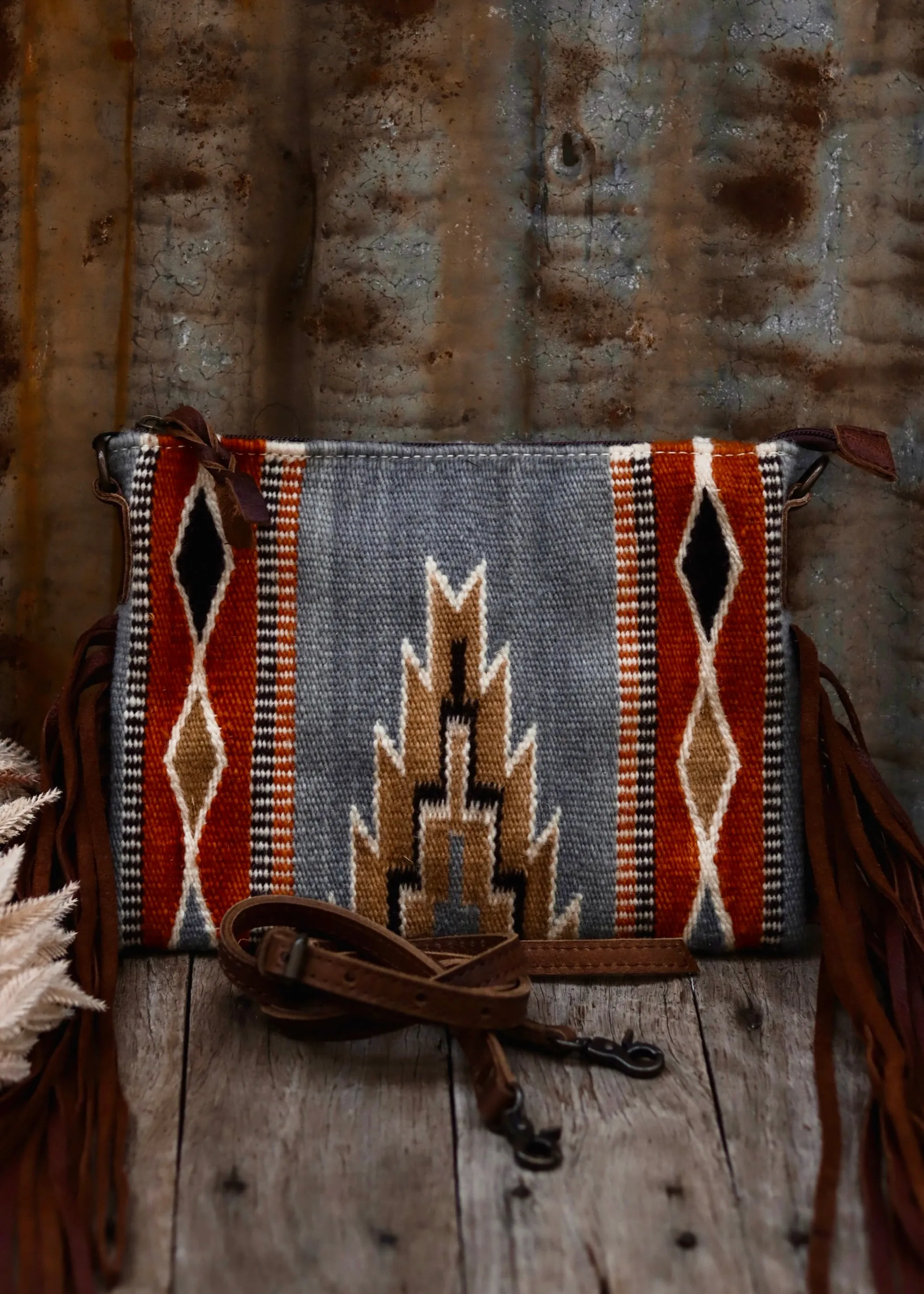 Zoe Saddle Blanket Crossbody Bag in Grey/ Rust