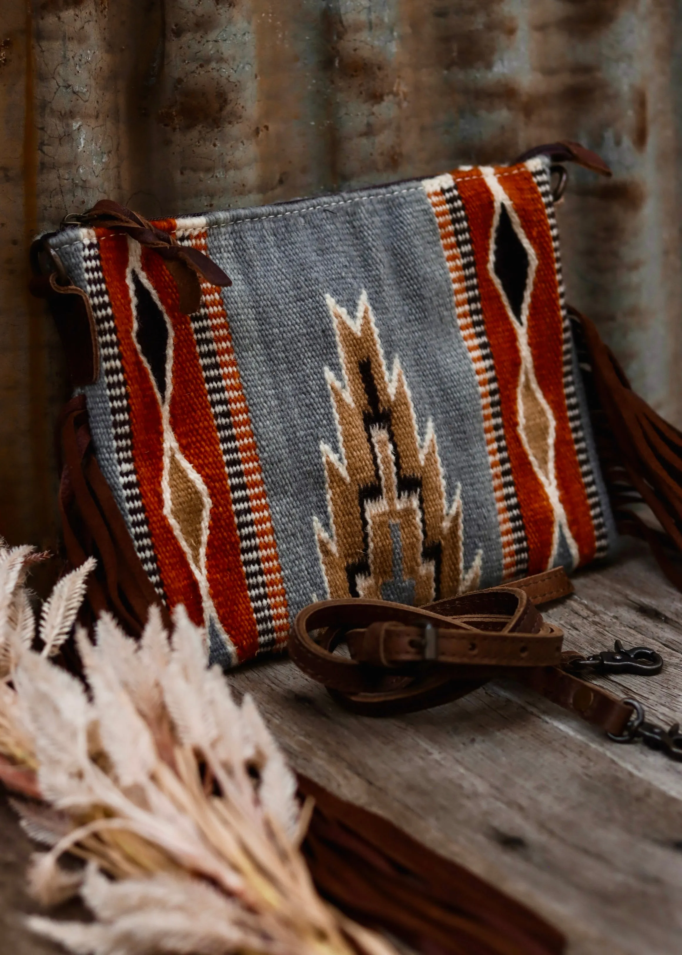 Zoe Saddle Blanket Crossbody Bag in Grey/ Rust