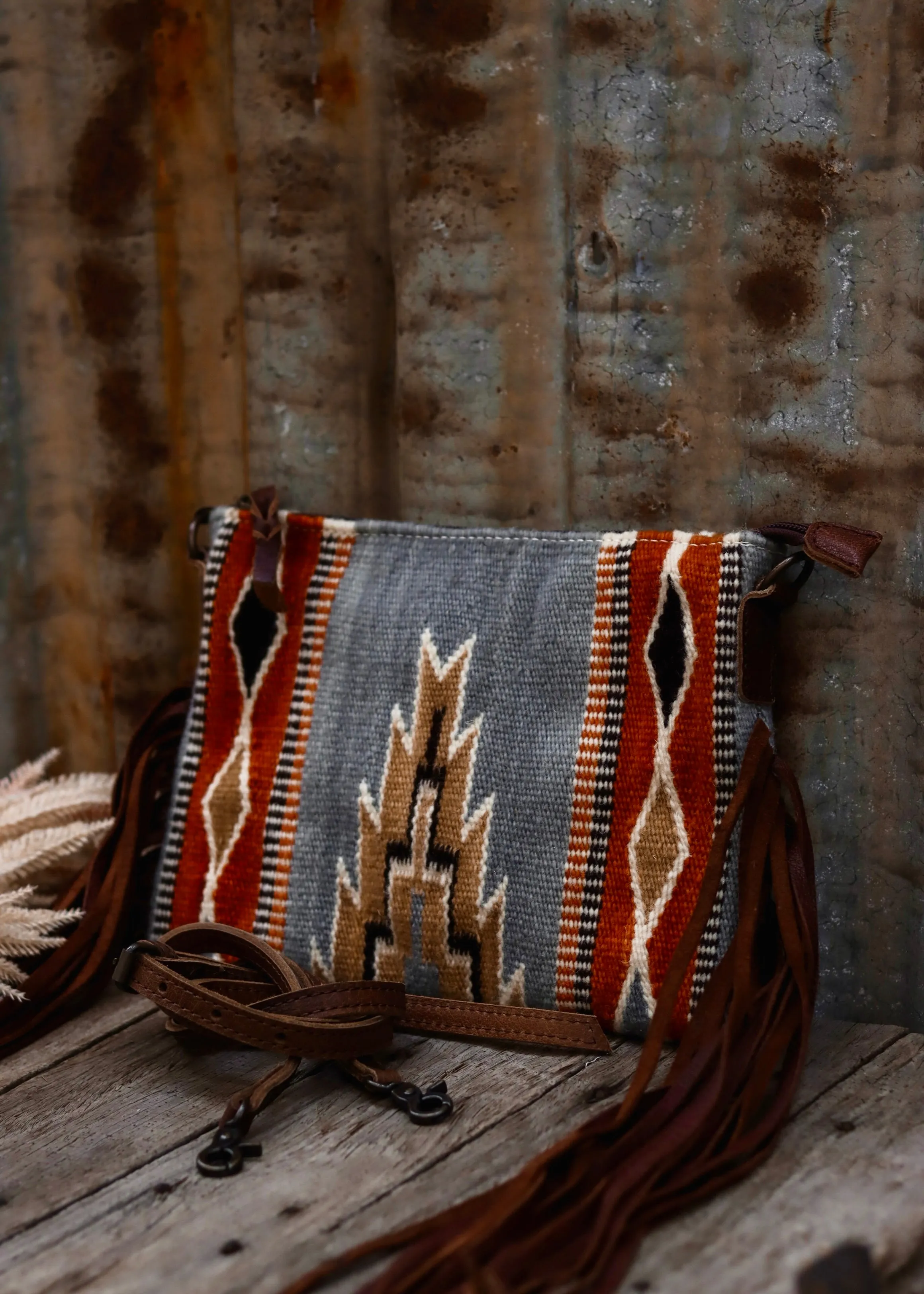 Zoe Saddle Blanket Crossbody Bag in Grey/ Rust
